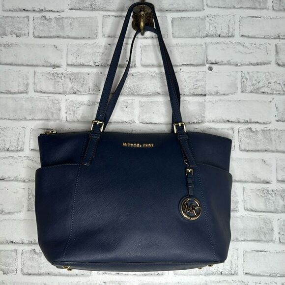 Michael Kors Jet Set Large Saffiano Leather Top-Zip Tote Bag, Navy Blue - Picture 1 of 11